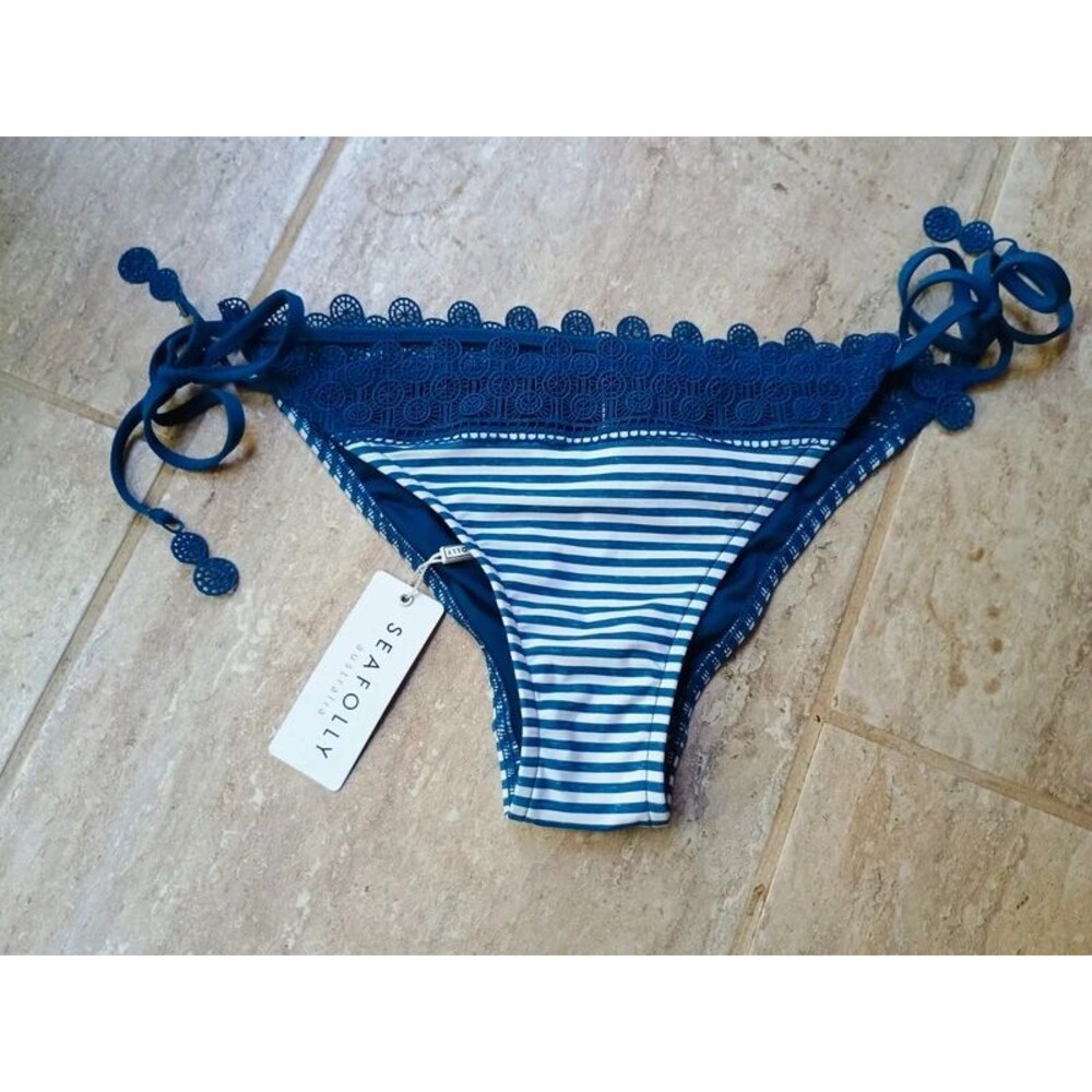 Seafolly Blue White Swim Bottom Tie US sz 10 NWT